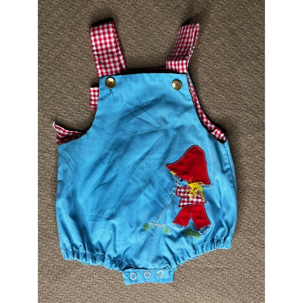 Vintage 70s bubble Baby Sunsuit Romper Blue Gingham Embroidered Garden Girl 6M